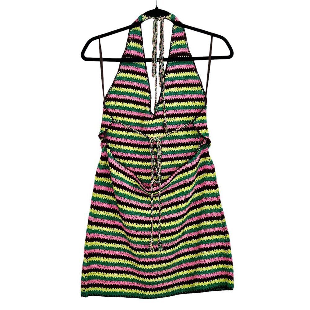 Frame x Julia Sarr Jamois Pink Green Striped Crochet Halter Mini Dress Size M - Picture 7 of 11